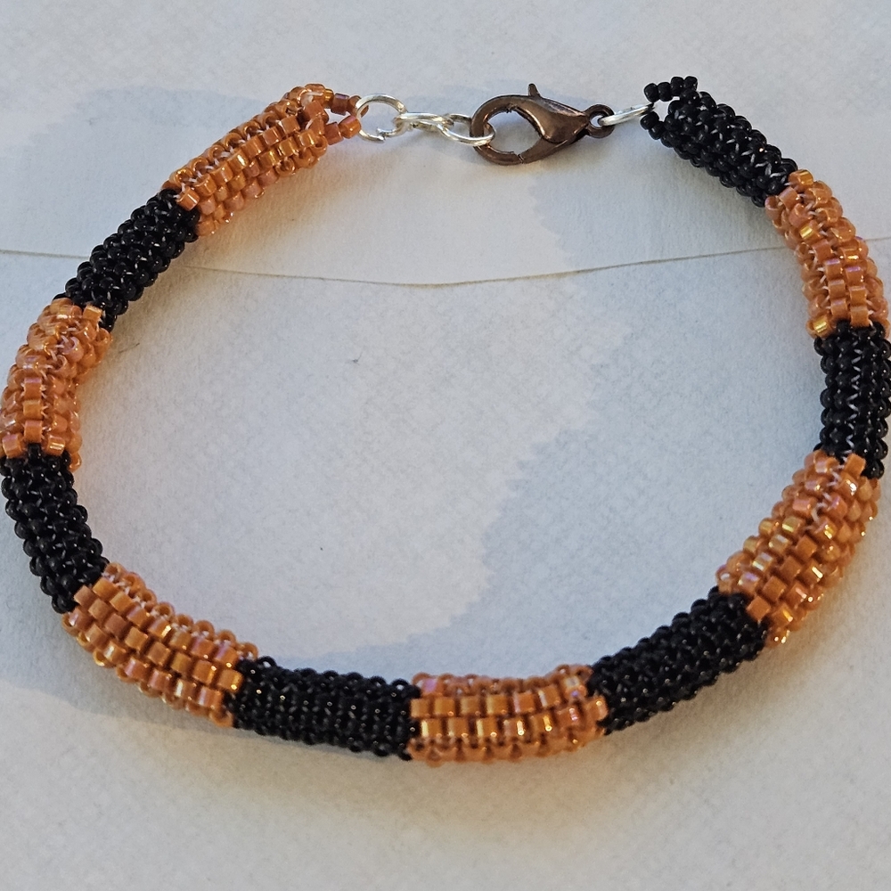Handmade Beadwoven Orange and Black Striped Halloween Bracelet